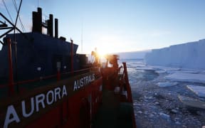 Icebreaker Auroira Australis at the edge of the Totten Glacier in East Antarctica.