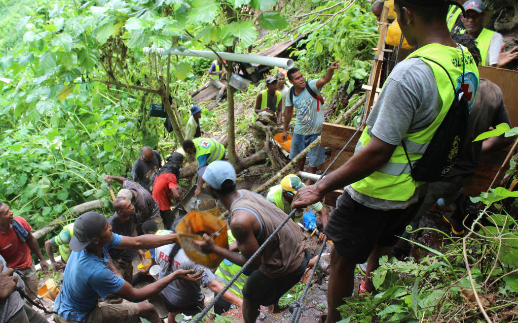 Villagers from Tuatua on Koro Island working with the Fiji Red Cross to construct a spring protection system for the village’s drinking water.