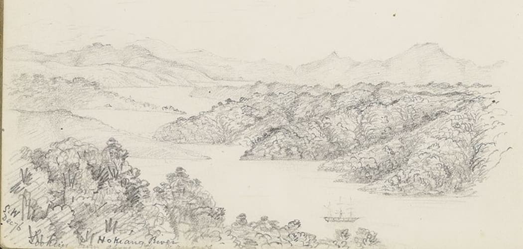 A landscape drawing of the Hokianga River, made by an early surveyor in his field notebook in December 1876.