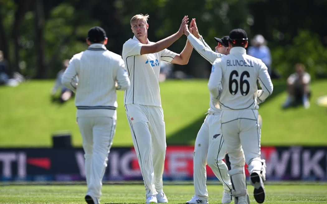 Kyle Jamieson and team mates celebrate.
