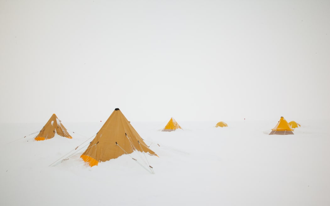 A cluster of bright yellow conical tents pitched on the snow in Antarctica.