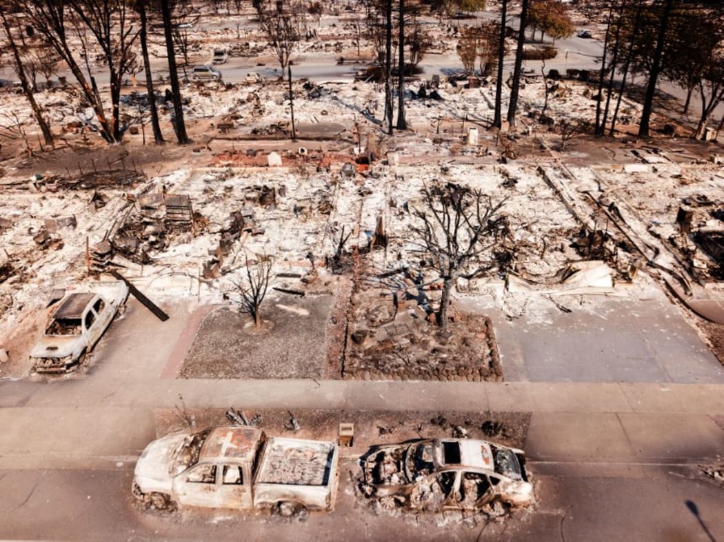 Fire damage is seen from the air in California.