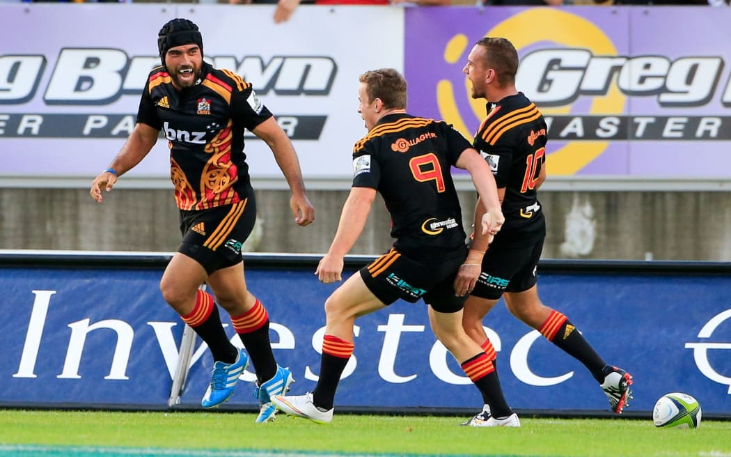 The Chiefs celebrate a try in the win over the Brumbies