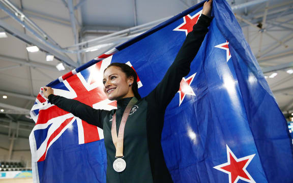 Cyclist Natasha Hansen of New Zealand wins silver in the Women's Sprint Final.