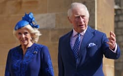 Britain’s King Charles III (R) and Britain’s Camilla, Queen Consort arrive for the Easter Mattins Service at St. George’s Chapel, Windsor Castle on April 9, 2023. (Photo by Yui Mok / POOL / AFP)