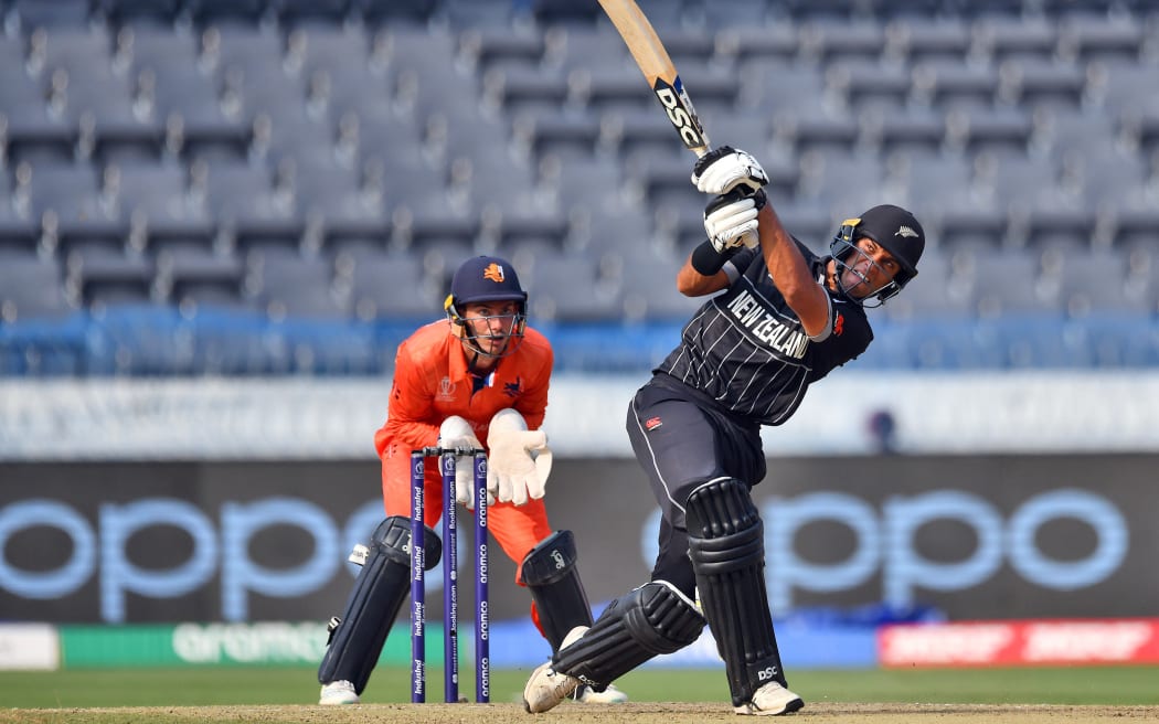 New Zealand's Rachin Ravindra batting against the Netherlands, 2023 World Cup in Hyderabad.