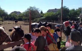 Children visiting horses in Izmail, Ukraine