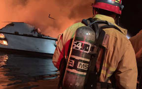 A fire on a boat off the coast of Santa Cruz Island, California.Photo released by the Ventura County Fire Department on September 2, 2019.
