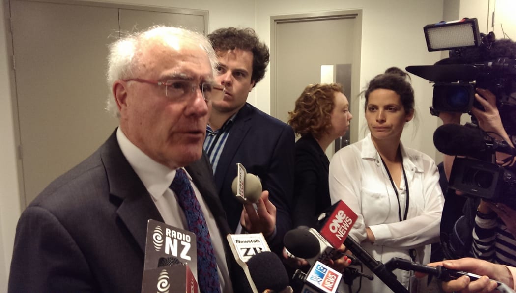 Sir Geoffrey Palmer speaks to the media after appearing before a parliamentary committee.