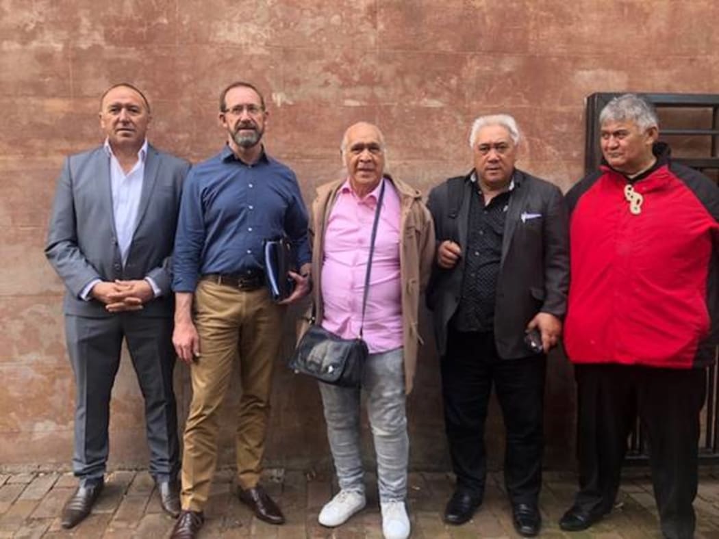 From left: Pita Tipene (co-chair of hapū alliance Te Kotahitanga);   Treaty Negotiations Minister Andrew Little;  Tuhoronuku chair Hone Sadler;  Ngāpuhi rūnanga chair Sonny (Raniera)Tau, Rudy Tayor, co-chair Te Kotahitanga.