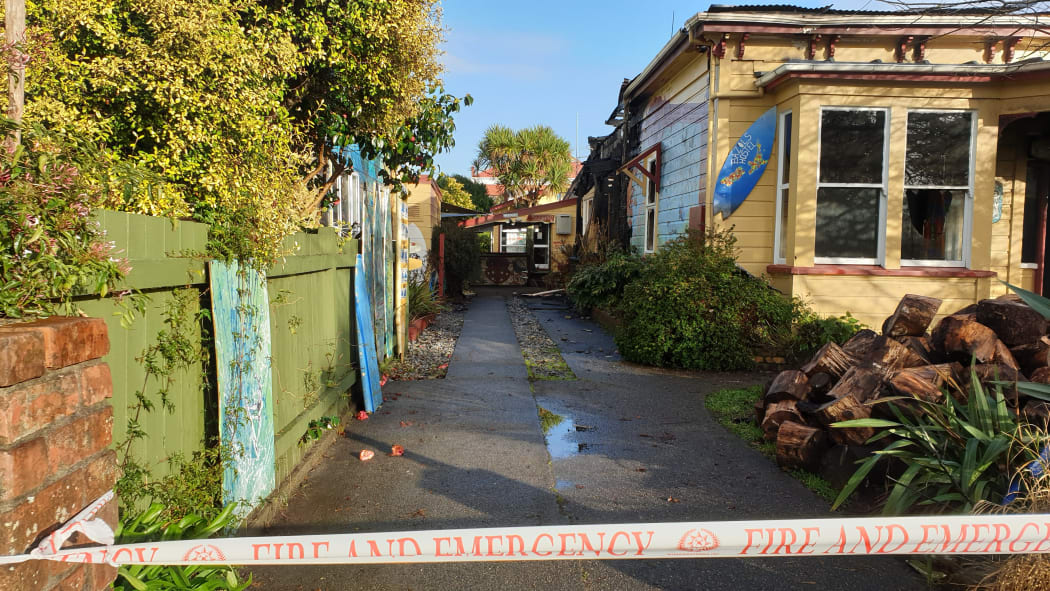 Fire damaged Bazil's Backpackers Hostel & Surf School in Russell Street, Westport.