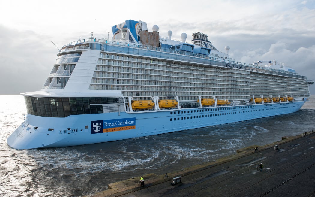 The cruise ship 'Ovation of the Seas' arriving in Bremerhaven, Germany, 28 March 2016.