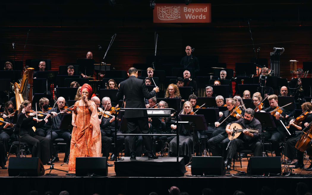 Oum and Kyriakos Tapakis performing with the NZSO conducted by Fawzi Haimor at the Michael Fowler Centre in Wellington 9 March 2024