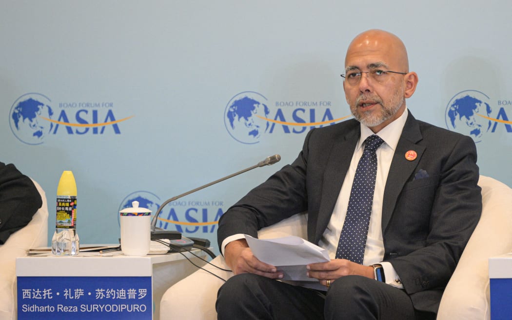 (250327) -- BOAO, March 27, 2025 (Xinhua) -- Sidharto Reza Suryodipuro, director-general and senior official for ASEAN Cooperation of the Ministry of Foreign Affairs of Indonesia, speaks at a panel discussion themed on "Illuminating the Blue: Building the South China Sea into a Sea of Peace, Friendship and Cooperation" during the Boao Forum for Asia (BFA) Annual Conference 2025 in Boao, south China's Hainan Province, March 27, 2025. (Xinhua/Pu Xiaoxu) (Photo by Pu Xiaoxu / Xinhua via AFP)