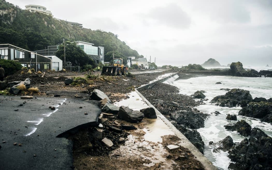 Storm damage along the Esplanade, Owhiro Bay, Wellington, 2013.