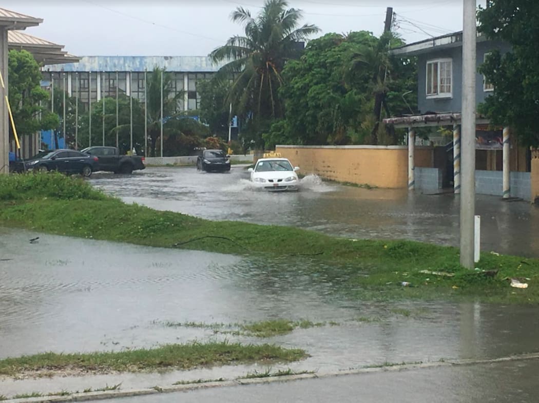 Rain in Majuro near the capital building.