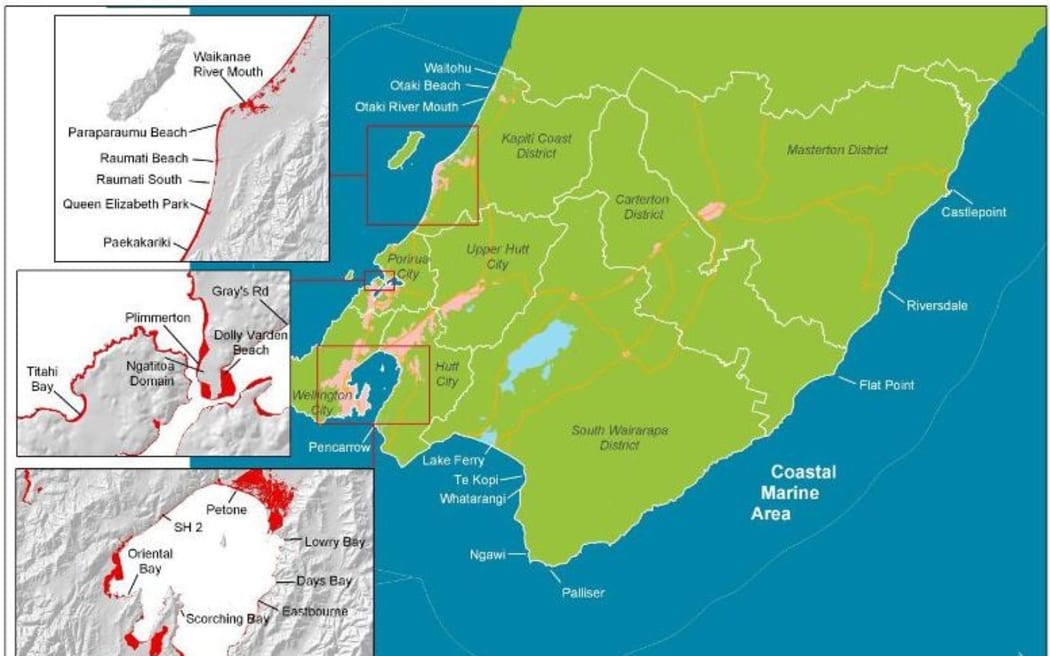 A map showing parts of the Wellington region at risk from coastal flooding.