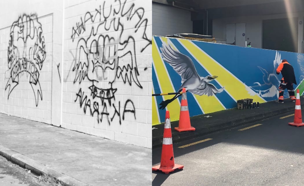Graffiti in Māngere, September 1980, left, and a new mural being painted this year in Manurewa's Southmall.