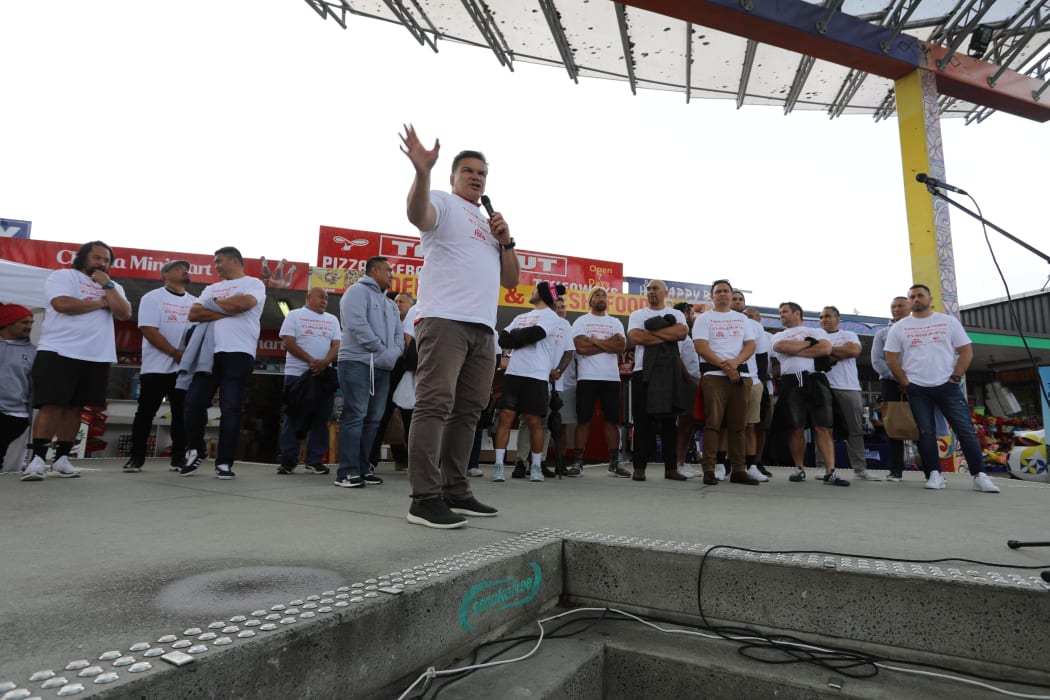 All Black legend and NZ Barbarian Legends coach Michael Jones addresses fans in South Auckland.