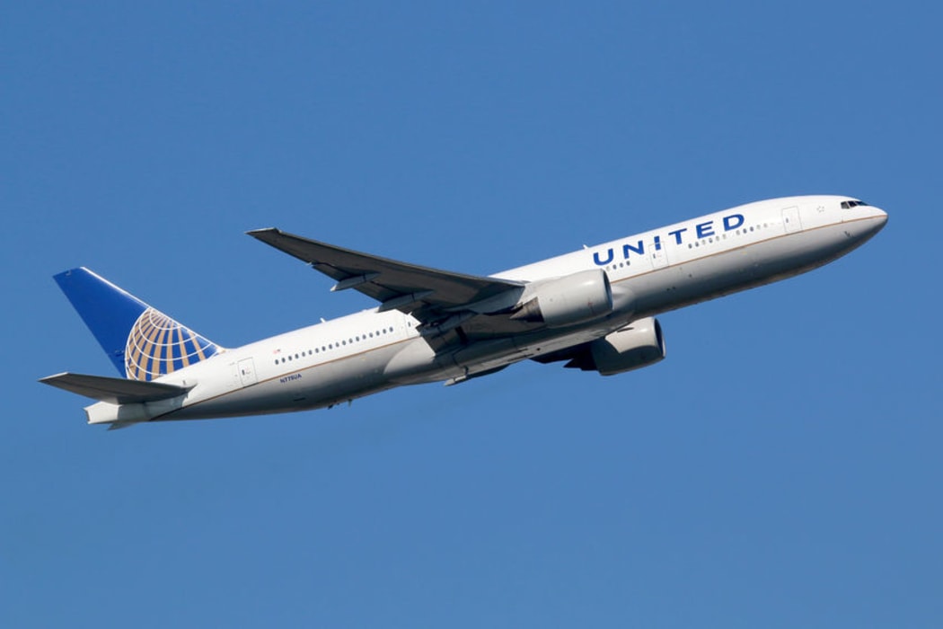 A United Airlines Boeing takes off from Frankfurt airport, Germany.