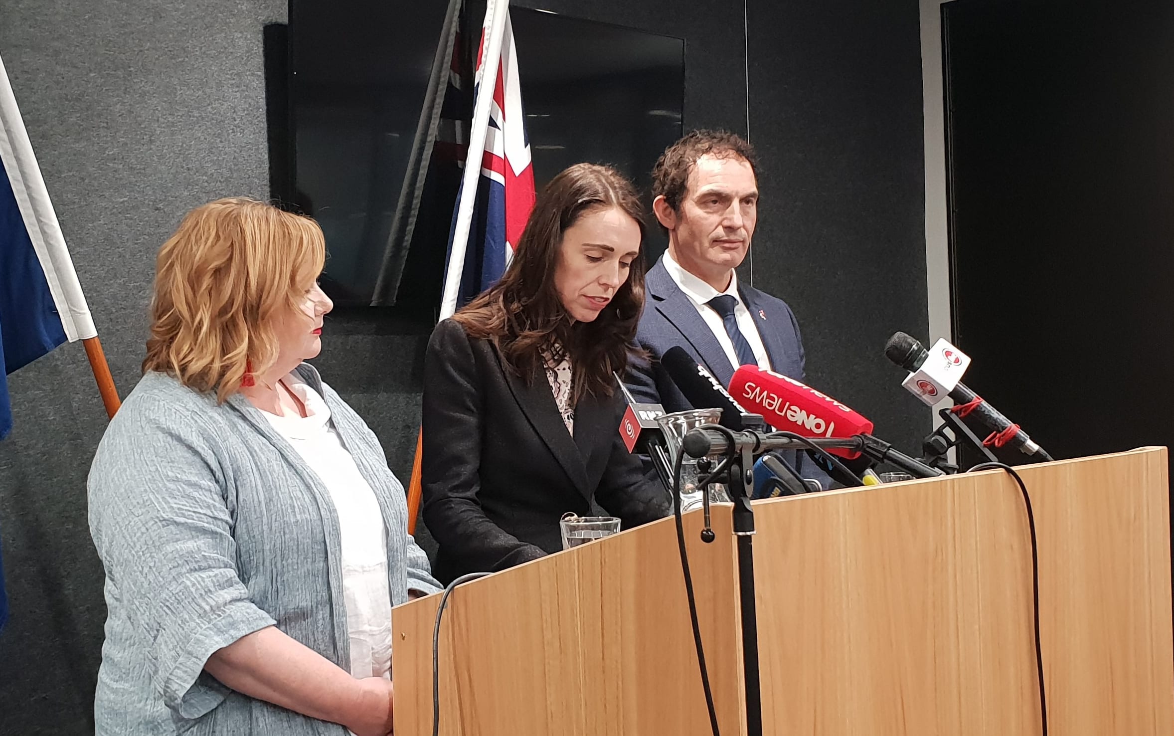Megan Woods, Jacinda Ardern and Stuart Nash at an announcement of a new bill that will create a registry of guns.