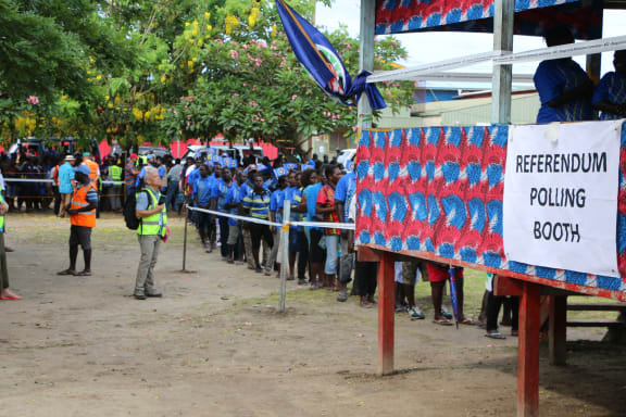 Voters queue at a polling station in Buka during Bougainville's independence referendum, November 2018.