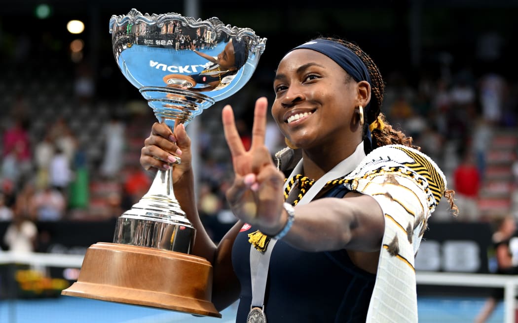 Coco Gauff of USA celebrates with the trophy after winning the Women's singles final match against Elina Svitolina of Ukraine during the 2024 Women's ASB Classic.