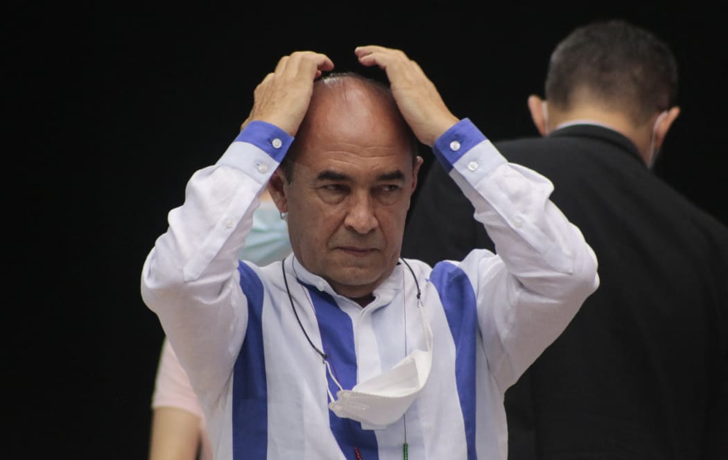 Retired general Paulino Coronado gestures during a hearing organised by the Special Jurisdiction for Peace (JEP) in Ocana, Colombia, this week.