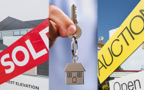 House sold sign, house auction sign, key.