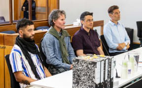 26022025 photo DAVID UNWIN / THE POST
Restore Passenger Rail protestors appear in Wellington District Court. Defendants from left Te Wehi Heketoro Ratana, 29, Andrew Gerald Sutherland, 64, Michael Reginald Apathy, 44, Thomas Brydone Taptiklis, 44.