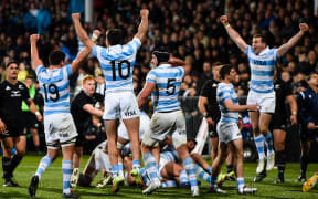 Argentina players celebrates winning the Rugby Championship rugby game against the All Blacks in Christchurch, 2022.