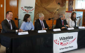 Mayoral candidates Mark Thomas, Chloe Swarbrick, Phil Goff, John Palino and Vic Crone at the Radio Waatea debate in Mangere.