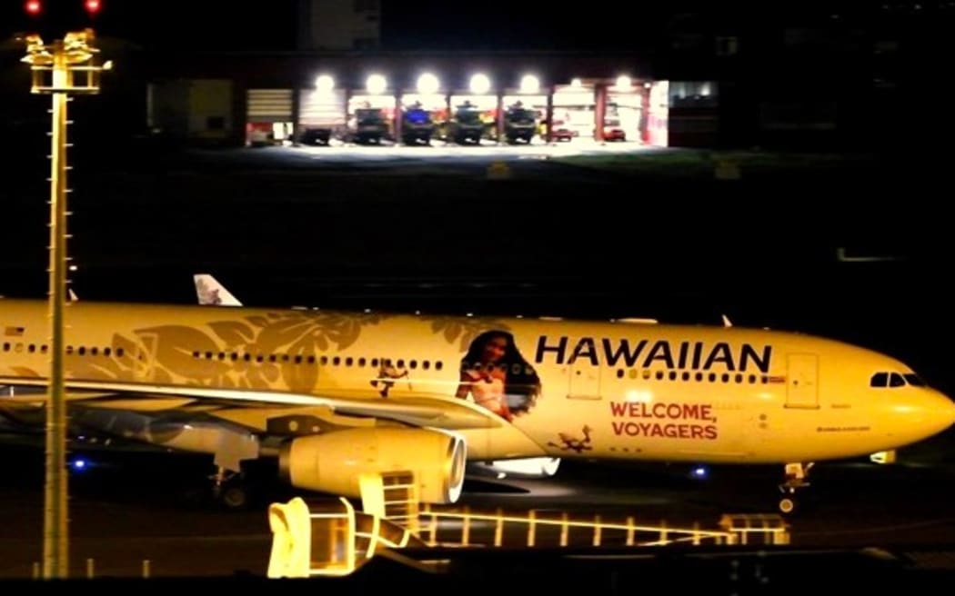 Hawaiian Airlines Airbus A330 with Moana livery welcomed at Tahiti-Faa'a airport on 26 November 2024.