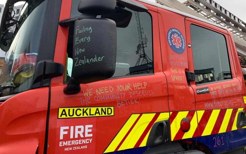 Messages written on an Auckland fire engine protesting firefighters' working conditions.