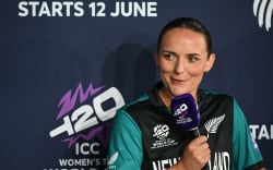 New Zealand’s Melie Kerr speaks as part of The Captains’ Carnival, the activation event for the ICC Women’s T20 cricket world cup 2026, in central London on June 7, 2026. (Photo by JUSTIN TALLIS / AFP)