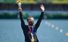 Lisa Carrington (NZL) with her gold medal during the medal ceremony for the Womens Kayak Single 500m.
Tokyo 2020 Olympic Games Kayaking at Sea Forest Waterway, Japan on Thursday 5th August 2021.
Copyright photo: Steve McArthur / www.photosport.nz