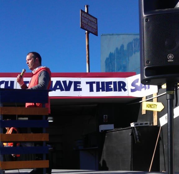 City councillor Aaron Keown at the newly opened speaker's corner.