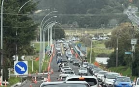 Traffic queues on State Highway Two to Tauranga.