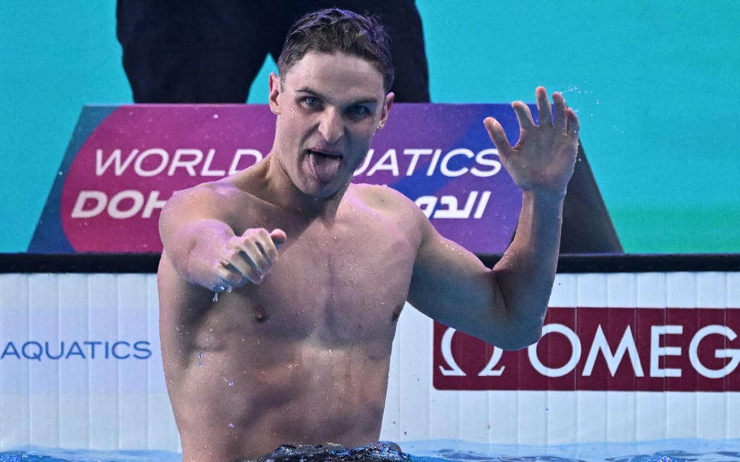 New Zealand's Lewis Clareburt celebrates after winning the final of the men's 400m individual medley swimming event during the 2024 World Aquatics Championships in Doha.