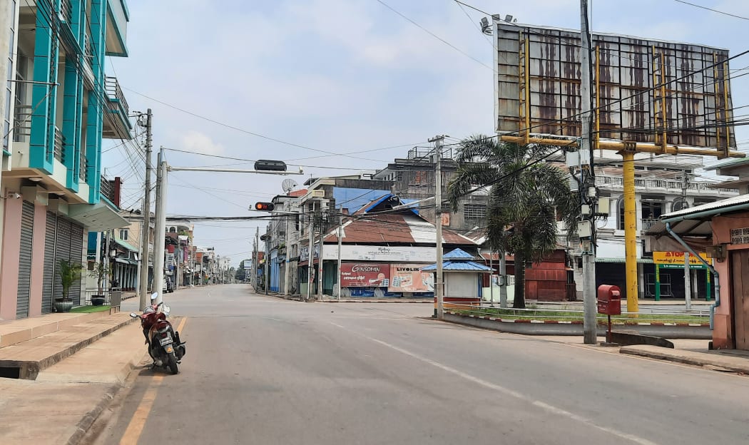 An empty street and closed shops in Dawei, as demonstrators called for a "silent strike" in protest against the military coup.