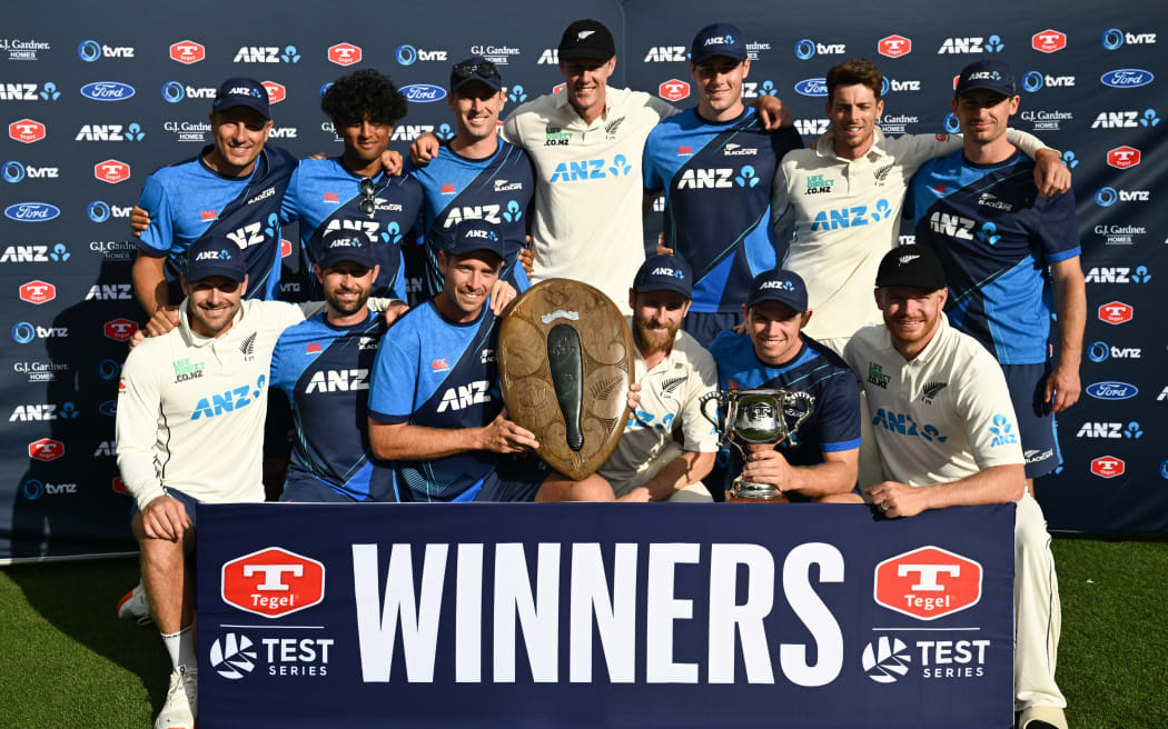 The victorious Black Caps side pose with the Tangiwai Shield after their historic series win over South Africa.
