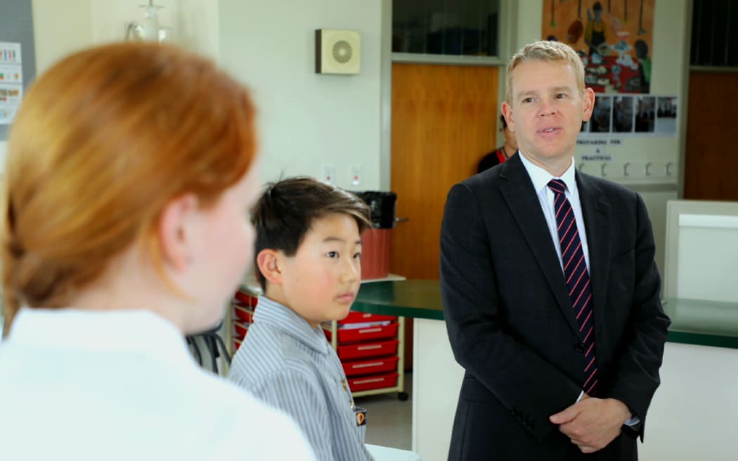 Prime Minister Chris Hipkins at Remuera Intermediate School in Auckland, 17 April 2023, to announce moves to reduce Year 4 to Year 8 class sizes by one student to 28 students per teacher by 2025.