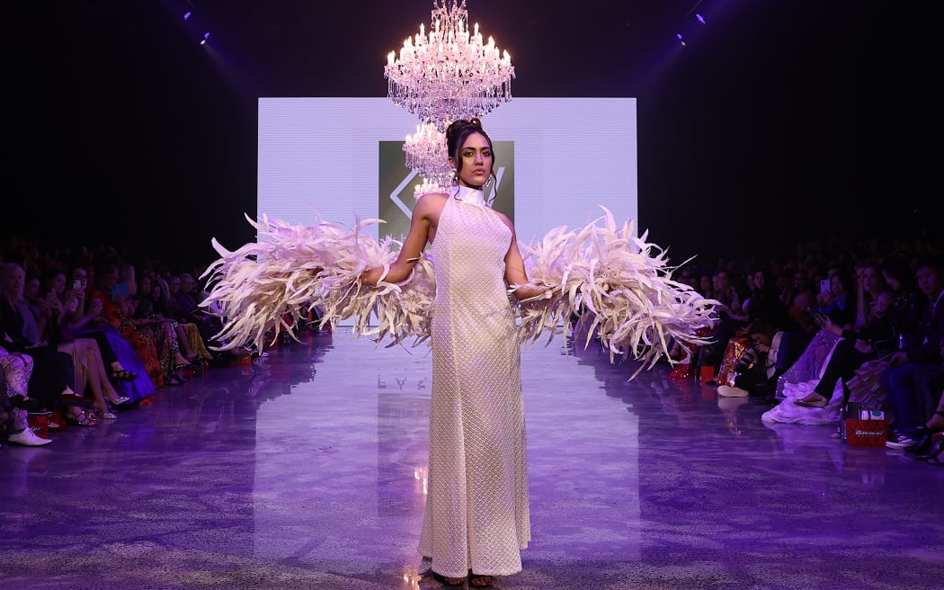 AUCKLAND, NEW ZEALAND - AUGUST 30: A model walks the runway during the Kharl WiRepa show during New Zealand Fashion Week 23: Kahuria at Viaduct Events Centre‎ on August 30, 2023 in Auckland, New Zealand.