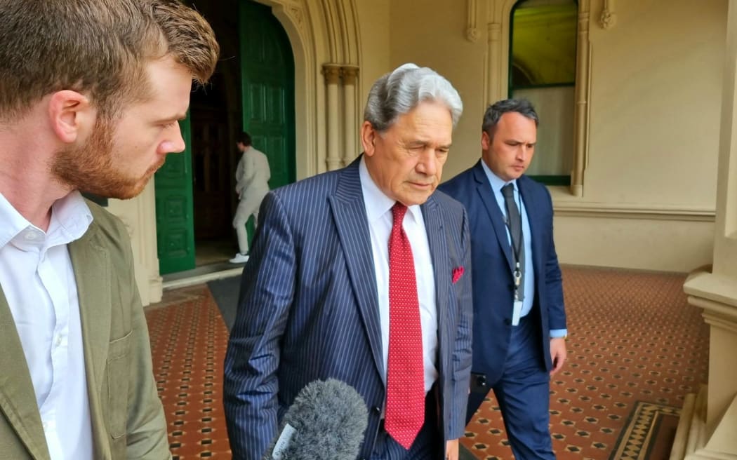 NZ First leader Winston Peters and Darroch Ball departing ACT headquarters on 9 November, 2023.