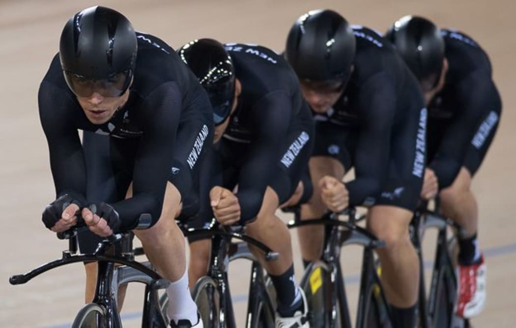 Westley Gough leads the team pursuit with Myron Simpson, Cam Karwowski and Pieter Bulling