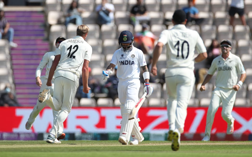 Kyle Jamieson (12) of the New Zealand Black Caps celebrates taking the wicket of Virat Kohli on day 6 of the ICC World Test Championship Final at Southampton, England on Saturday 23rd June 2021.