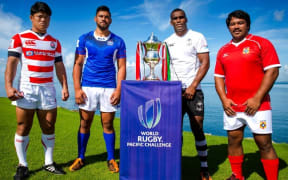 The captains of the four teams in the World Rugby Pacific Challenge
