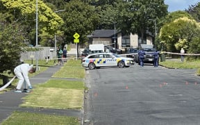 A police car on Douglas Crescent outside the address where a stabbing incident took place.
