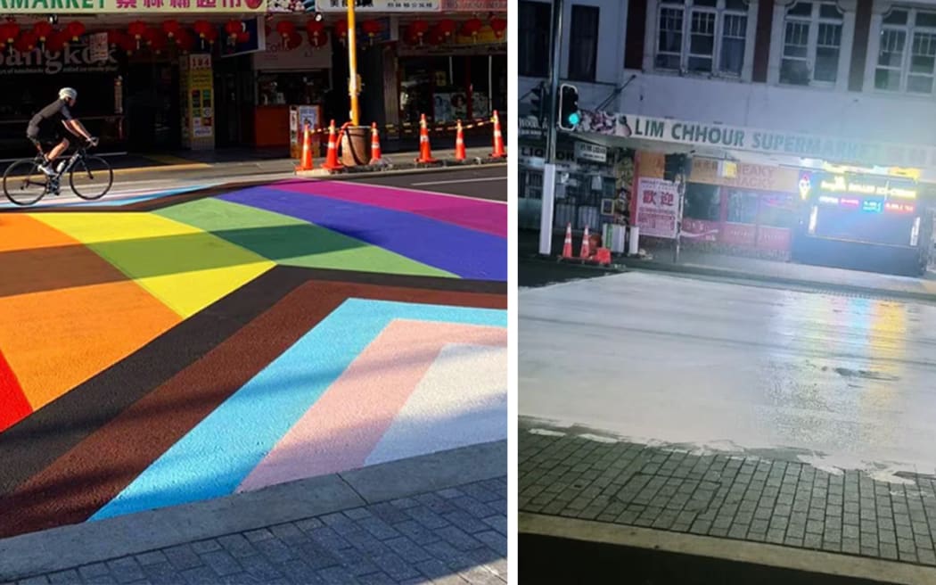 A rainbow crossing on Karangahape Rd in Auckland was painted over with white paint in March 2024. Photo / John Nottage / Reddit