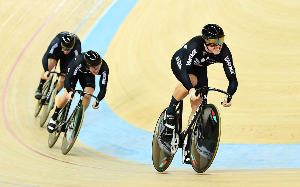 Eddie Dawkins, Ethan Mitchell and Sam Webster on their way to winning 2017 World Championship team sprint title.
